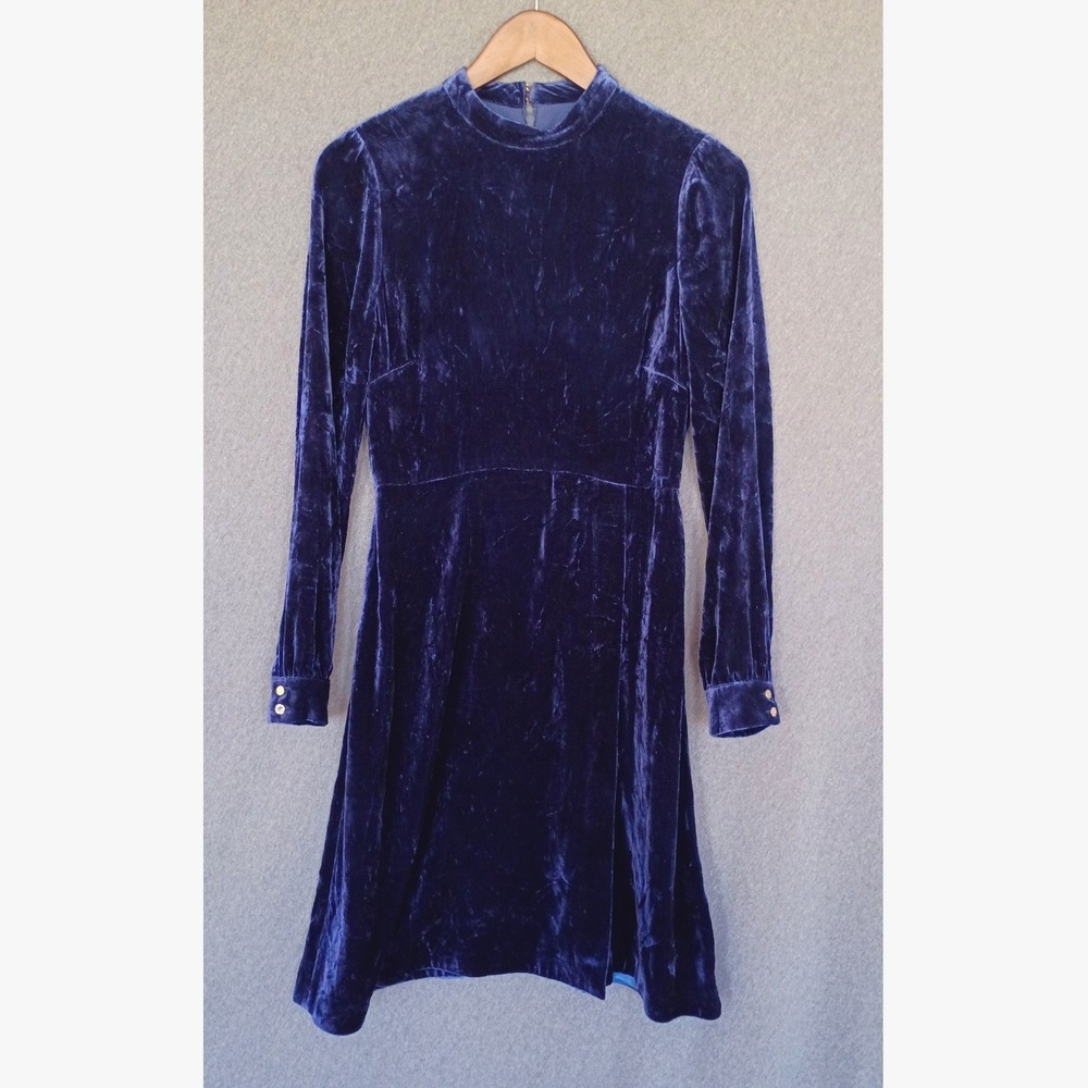 LK Bennett Silk Blend Velvet Dress Dark Blue Mock Neck US 6 Cocktail Party